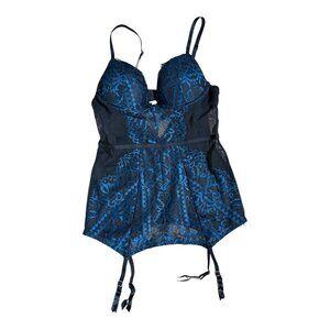 NWT La Senza Black Blue Lace Bustier Slip  Garter Straps Sheer Dark Coquette S